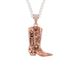 A custom boot pendant necklace, built on copper, with personalized name and a golden star, with a sterling silver chain